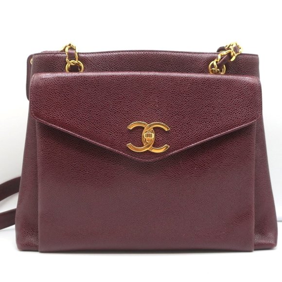VINTAGE CHANEL 1990S CC FRONT POCKET TOTE BORDEAUX CAVIAR LEATHER SHOULDER BAG - Picture 2 of 12